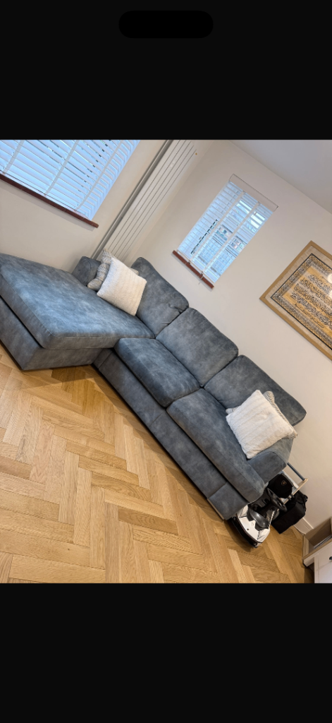 Sofology Velvet Blue Corner Sofa – Excellent Condition