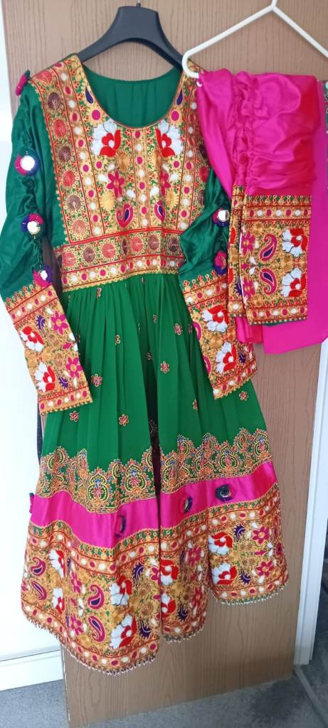 Beautiful Green and Pink Embroidered Dress with Trousers – Good Condition