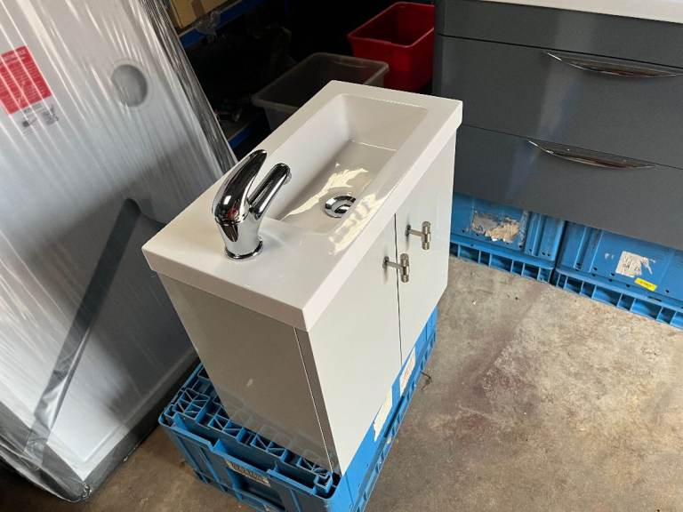 Wall Mounted Compact 2 Door Vanity Unit Light Gloss Grey Inc Sink Tap & Waste