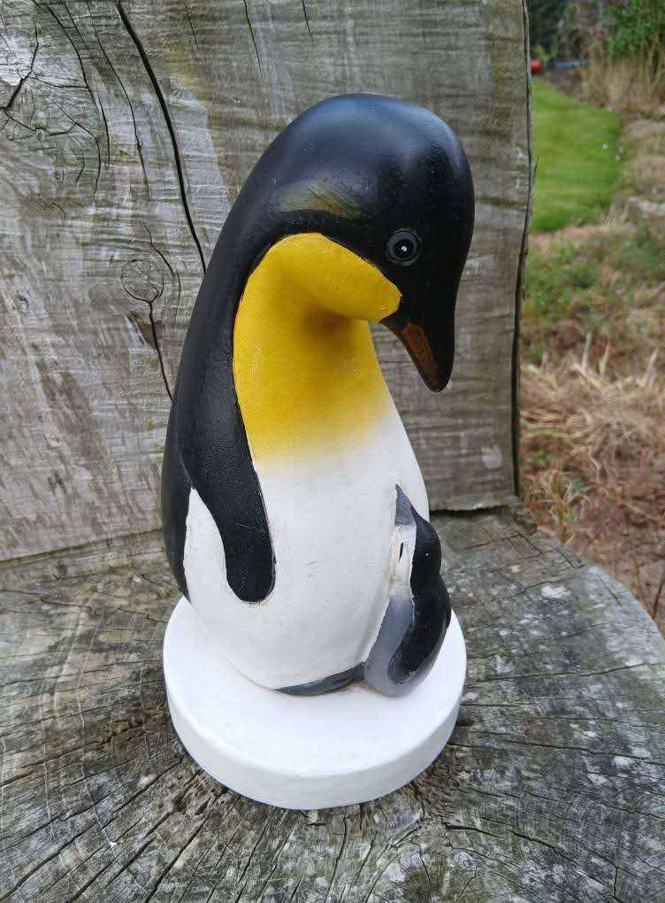 Large, Carved Wooden Penguin.with chick  ornament 