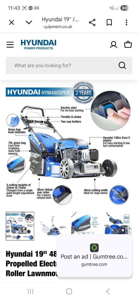 Hyundai HYM480SPER 19" Self-Propelled Roller Lawnmower – NEW