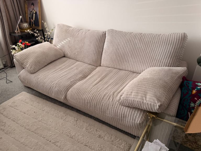 Comfy Beige Corduroy Two-Seater Sofa – Good Condition