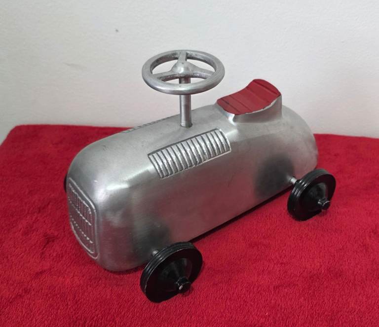 Vintage Reproduction Soap Box Derby Race Car Toy, Polished Aluminum Metal 9”