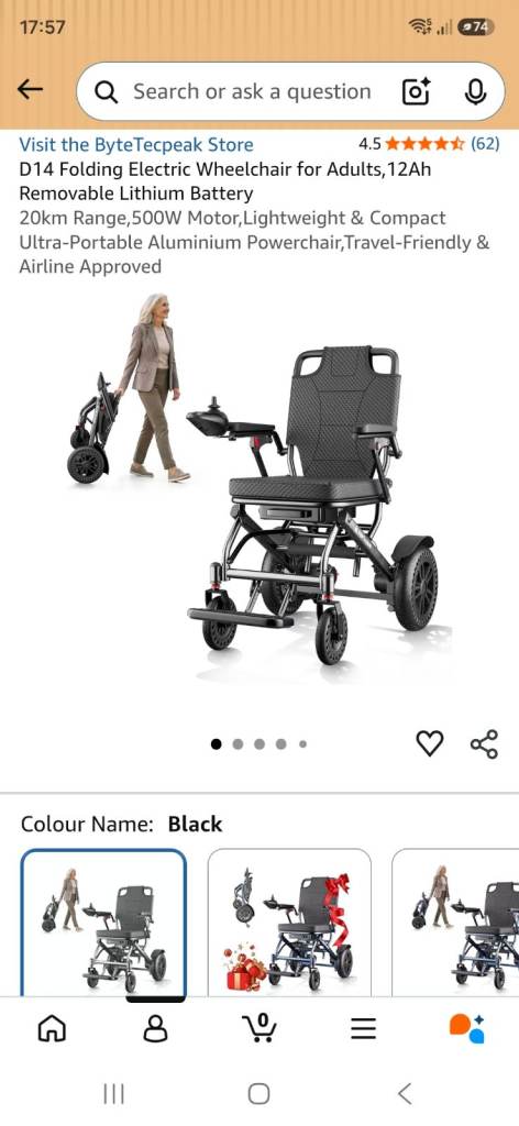 ByteTecpeak D14 Folding Electric Wheelchair - Lightweight, Compact, Black