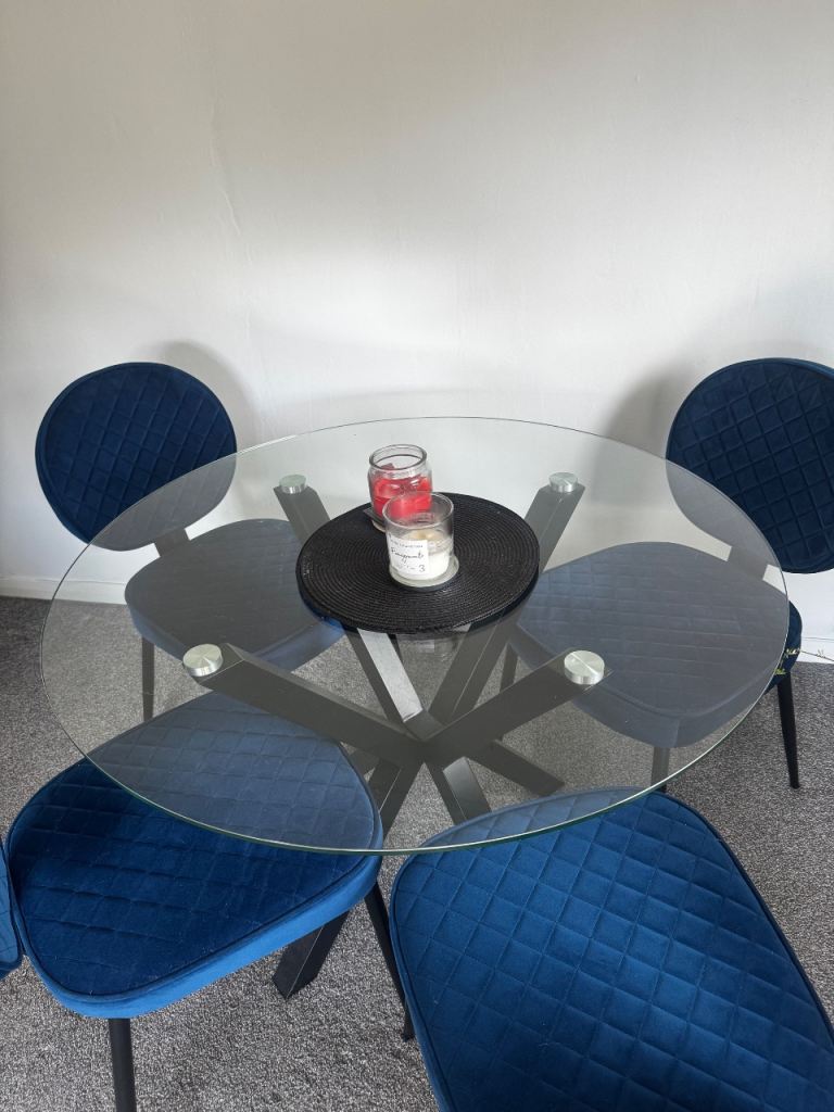 Wayfair Glass dining table & 4 navy chairs | in Johnstone, Renfrewshire ...
