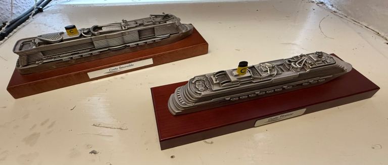 VINTAGE ITALIAN PEWTER CRUISE SHIP MODELS x2: COSTA SMERALDA & COSTA FIRENZE ON WOOD BASES.