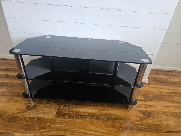Black Glass TV Stand with Chrome Legs – Good Condition