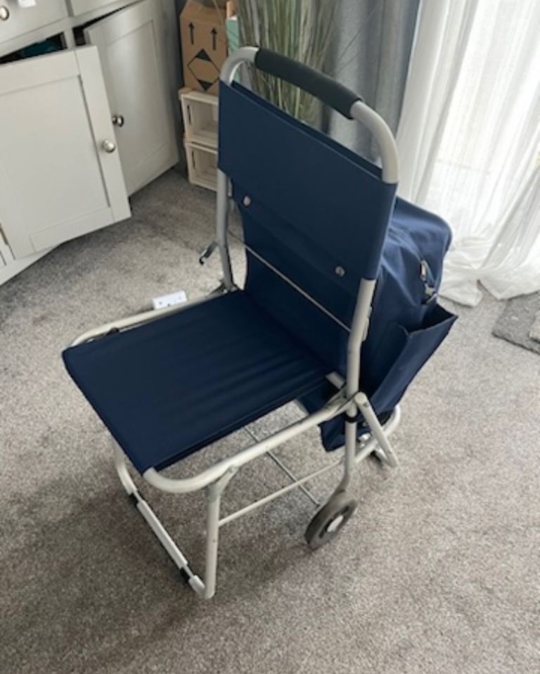 Navy Blue Folding Camping Chair with Wheels – Good Condition