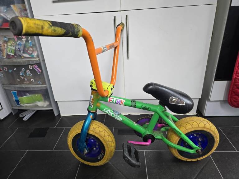 RKR Rocker mini BMX bike-Orange handle Green frame, yellow tyres