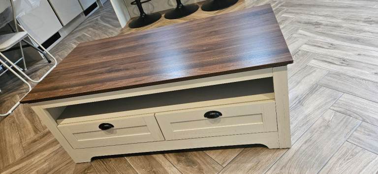 Devon Coffee Table, New Unused. 2 Drawers and Shelf.  Walnut and Ivory