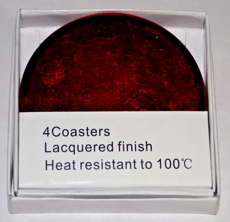 DINNERWARE 4 ROUND RED METALLIC LACQUERED FINISH COASTERS 4 inch HEAT RESISTANT.