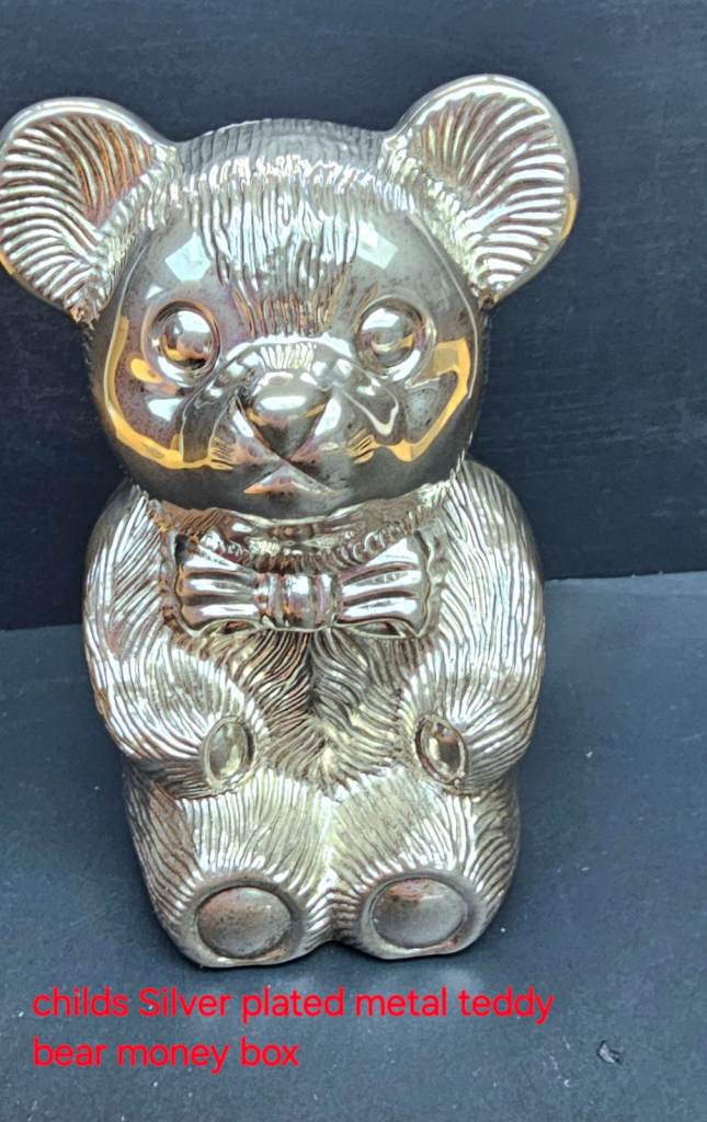 Childs Christianing Vintage Silver Plated Metal Teddy Bear Shape Money Box