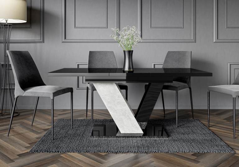 Brand New Black Gloss Extendable Dining Table 120–160cm Stone Effect Base