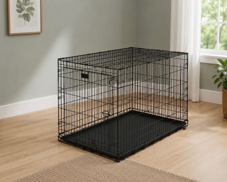 Large Black Metal Dog Crate with Double Doors and Removable Tray