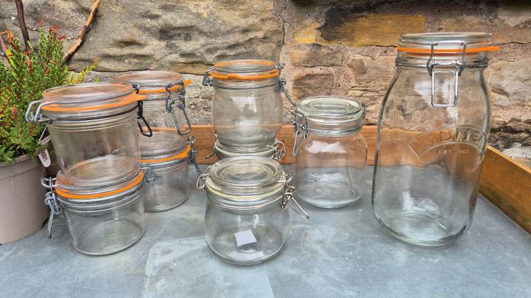 Set of 9 Glass Clip Top Jars - Various Sizes, Good Condition