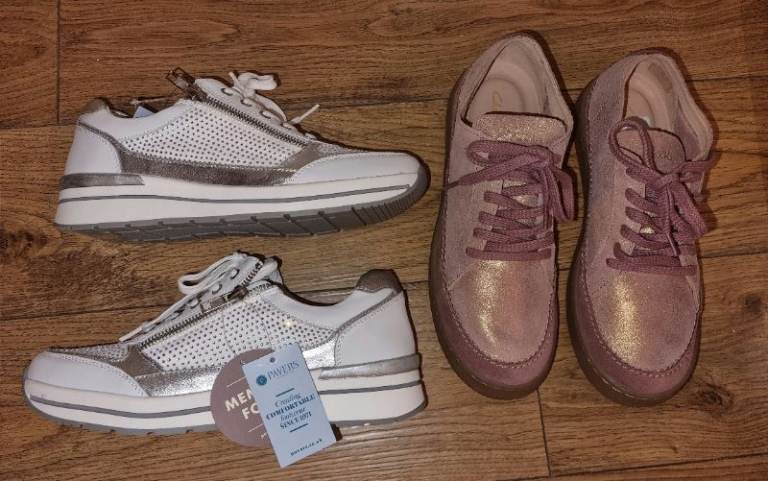 Brand New Pavers Ladies White Leather Trainers UK 7 & Clarks Rose Gold Leather Shoes UK 6 