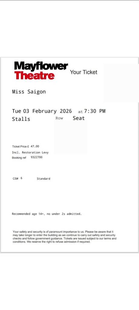 Saigon ticket Mayflower theatre 3 Feb 19:30