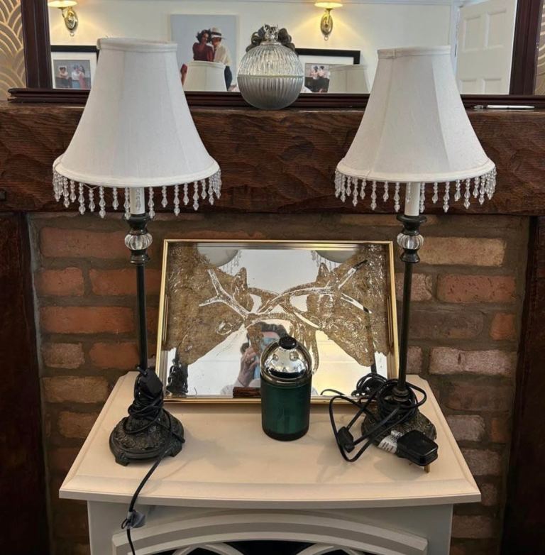 Pair of Vintage Neo-Classical Buffet Table Lamps with Crystal Shades