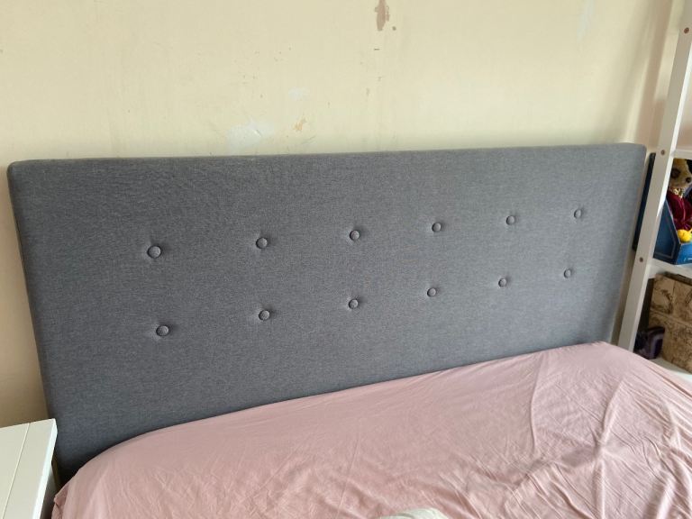Grey Fabric Double Bed Headboard and Bedside Table