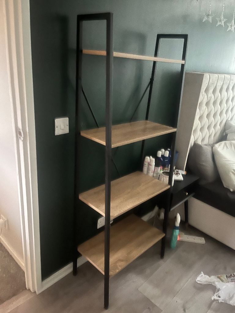 Modern Black Metal and Wood Ladder Shelf Unit – Good Condition