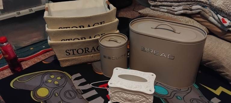 Kitchen Storage Set: Bread Bin, Canister, and Fabric Baskets