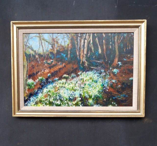 SNOWDROPS IN THE WOODS, BIEL, DUNBAR - ORIGINAL ACRYLIC PAINTING