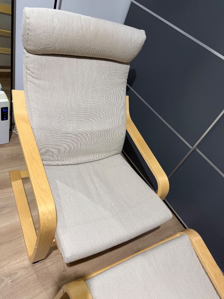 Ikea POÄNG Armchair and footstool, oak veneer/Hillared beige