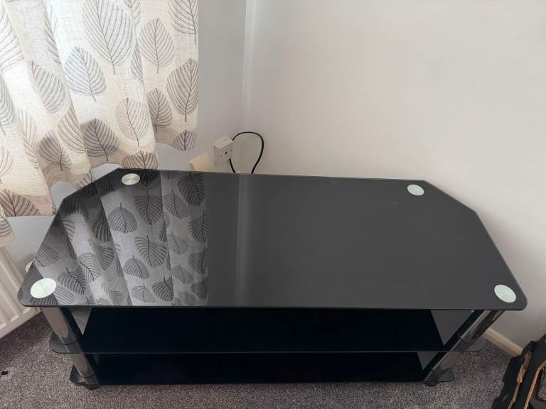 Black Glass TV Stand with Two Shelves – Good Condition