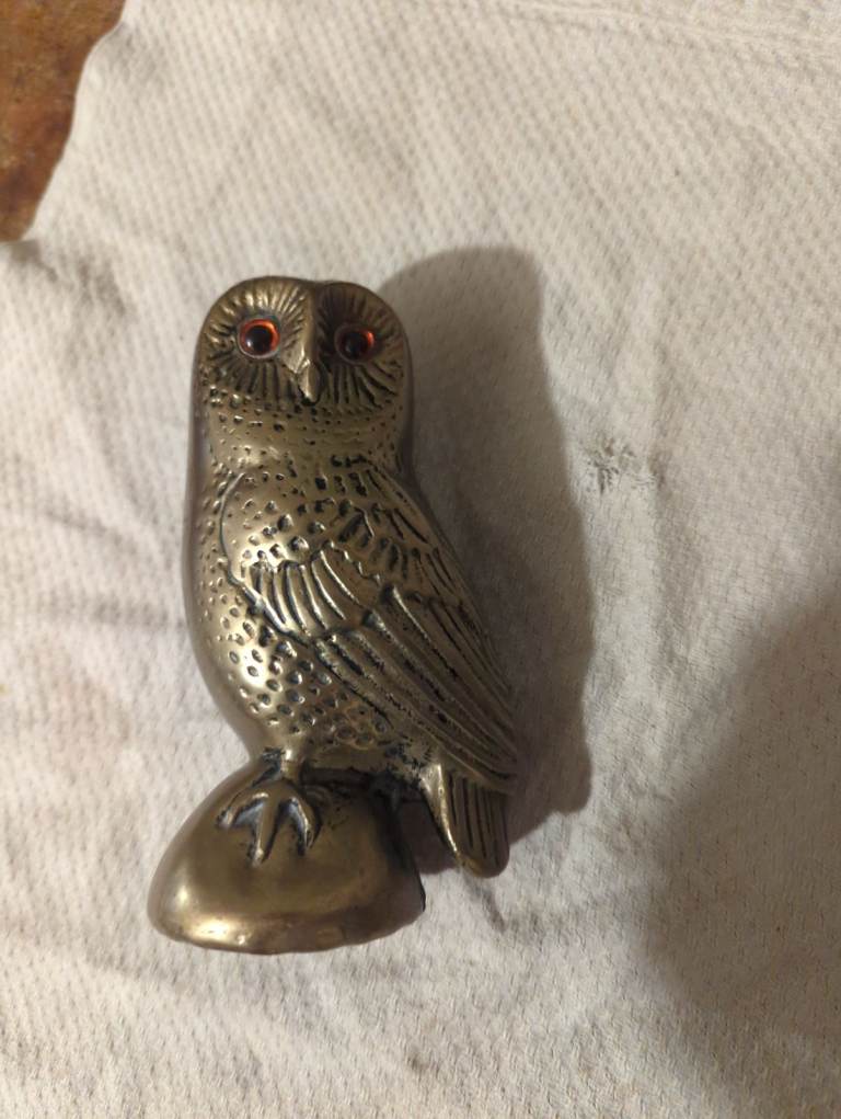 Heavy Brass Owl with Orange Eyes