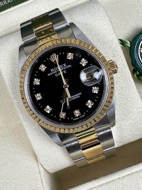 ROLEX 34MM  DATE 18K AND STEEL BOX AND CERTIFICATES