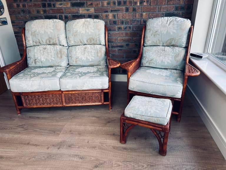 Original rattan 2 seater conservatory settee, chair and footstool for sunroom, snug or studio/office