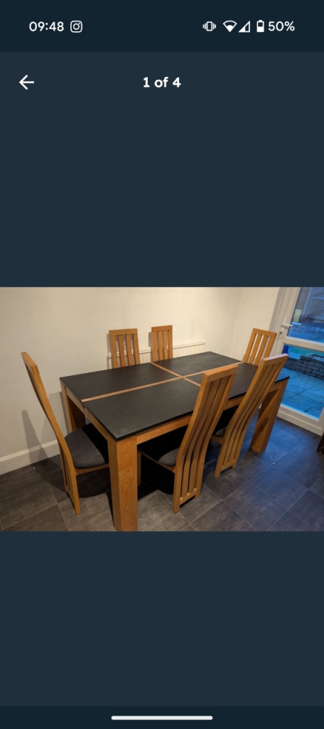 Solid Oak Table with Solid Slate Top and 6 chairs
