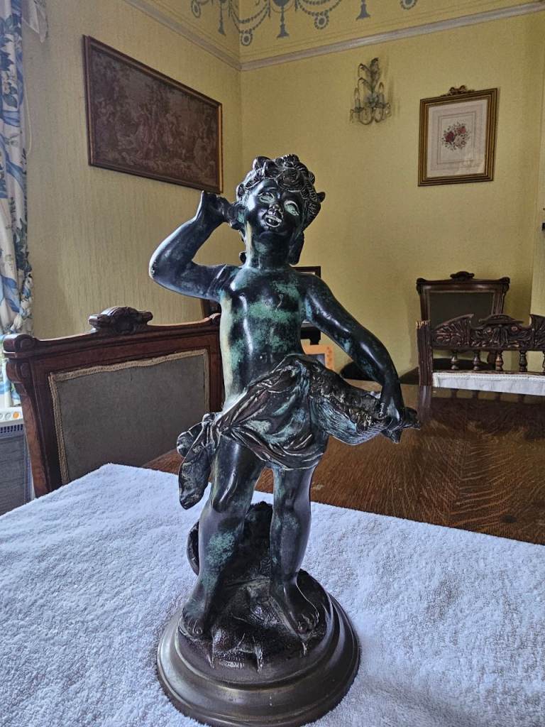 Vintage Bronze Cherub Statue with Verdigris Patina