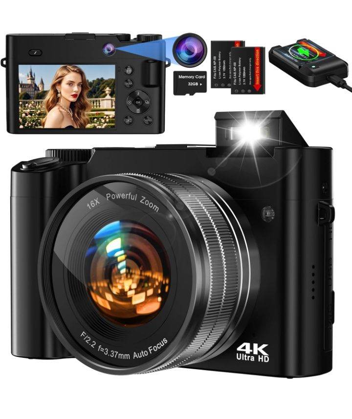 Digital Camera,Bofypoo 64MP Autofocus Vlogging Camera with Front and Rear Dual Cameras 32G Memory