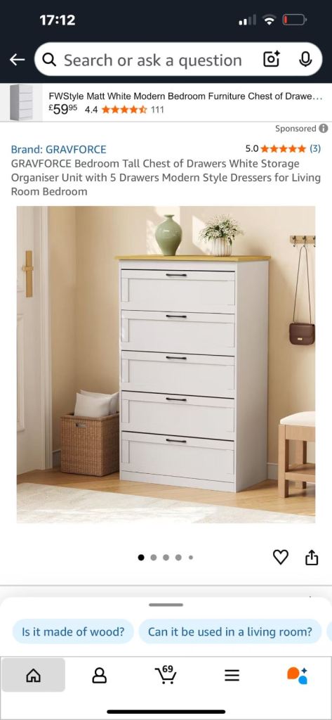 Brand new ! GRAVFORCE Bedroom Chest of Drawers White Storage Organiser Unit 