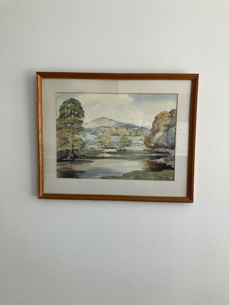 1948 watercolour Bearnsley Beacon from the River Wharfe