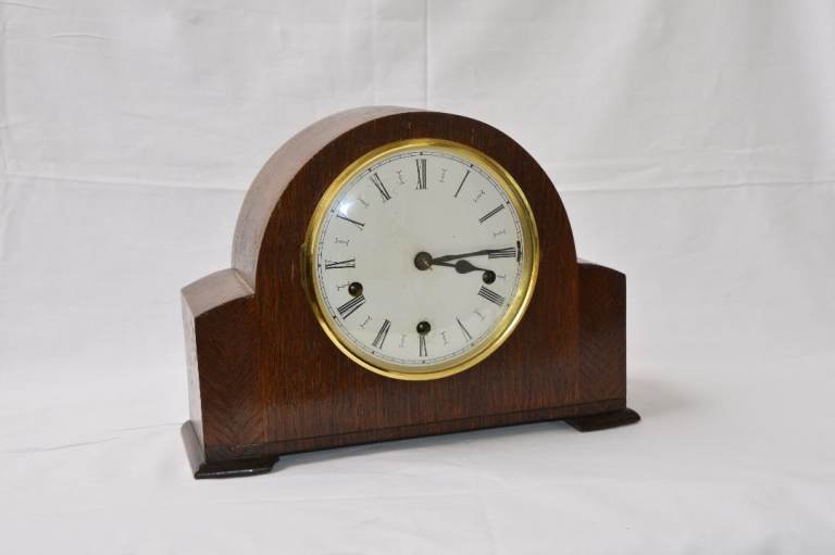 Westminster Chime Oak Veneer Mantel Clock - Works, Needs Attn, Excellent Candidate for Restoration