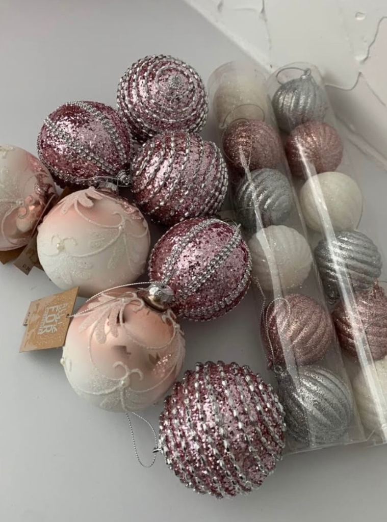 NEW CHRISTMAS BALLS DECORATIONS 8 LARGE 12 SMALL PINK SILVER WHITE NEW