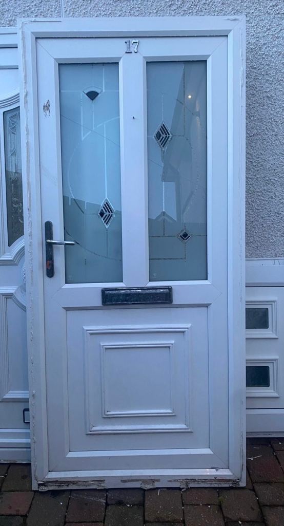 White uPVC Front Door with Glazed Panels - Fair Condition