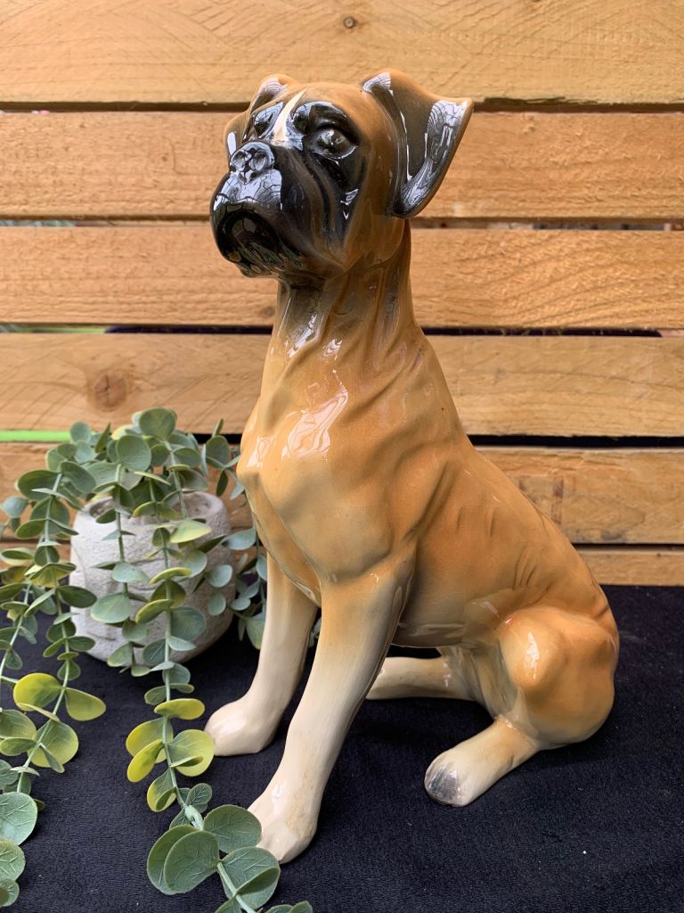 Vintage Mid Century Pottery Boxer Dog Figurine in Glazed Ceramic 1950s 60s Kitsch