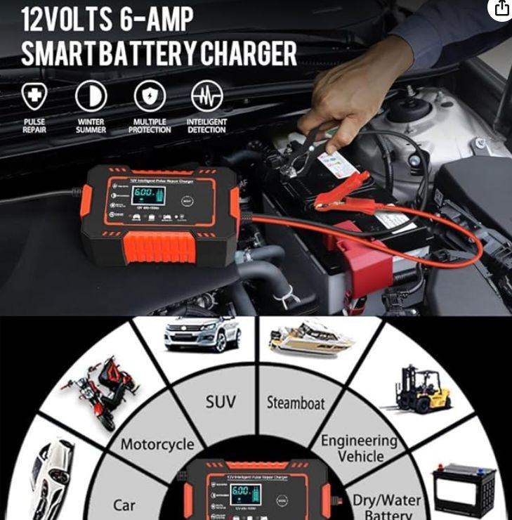 12V/6Amp Car Battery Charger, Smart Fully Automatic Battery Charger with Temperature Compensation