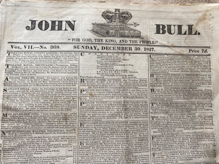 1827 John Bull original newspaper