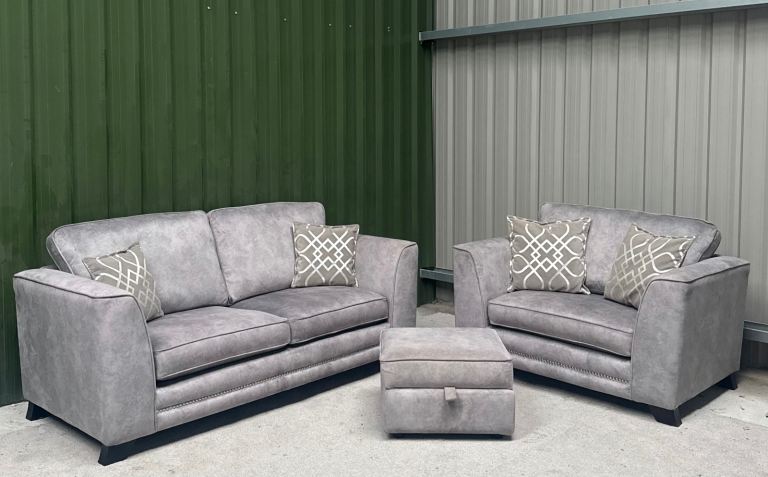 Ex display scs Andreas silver dapple 3 seater sofa, cuddle chair & storage footstool 