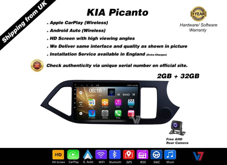KIA Picanto CARPLAY Android Auto HD Screen Head Unit GPS Stereo LCD Panel V7
