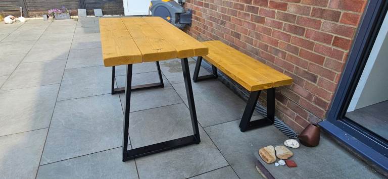 Sturdy Outdoor Wooden Table & Bench Set with metal Hairpin legs