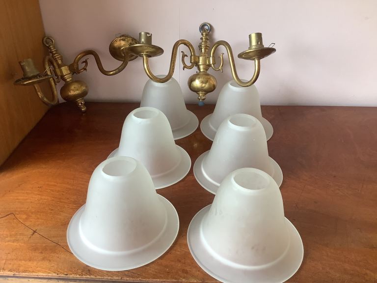 Vintage Six Frosted Glass Lamp Covers and Two Metal Wall Fixings