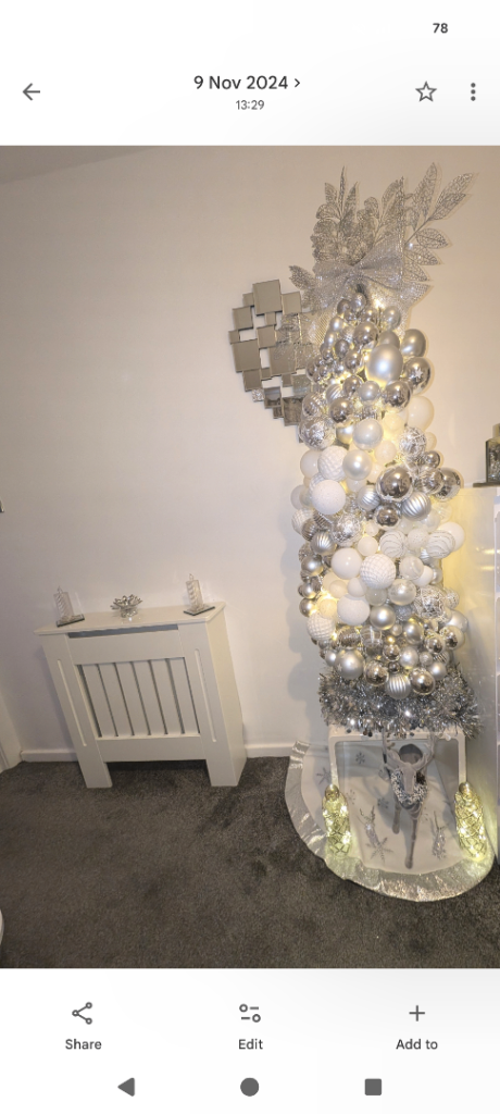 Christmas tree, lights, decorations included. Lovely grey bauble tree