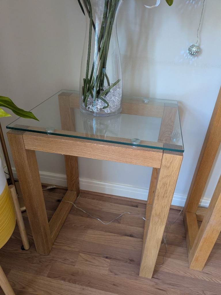 "Next" glass & wood console table & 2 side tables.