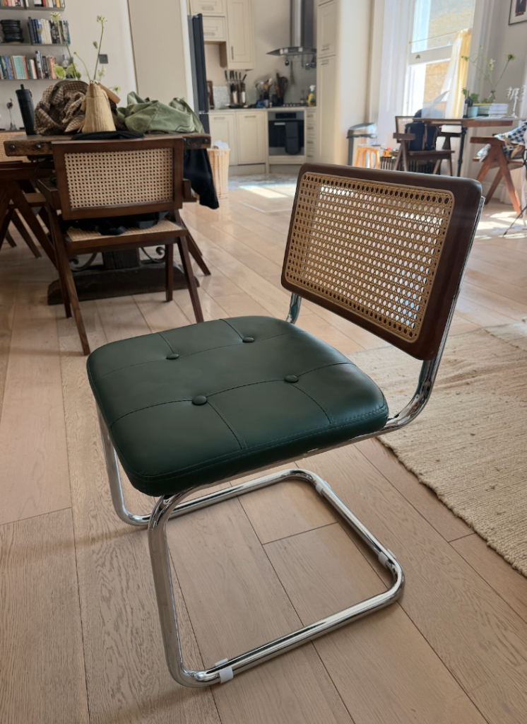 Kenton Cantilever Dining Chair – Green Leather & Chrome (Cesca Style)