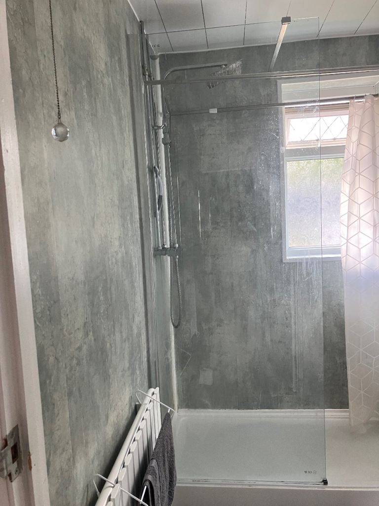 Tall glass walk in shower screen with fittings 1 year old 
